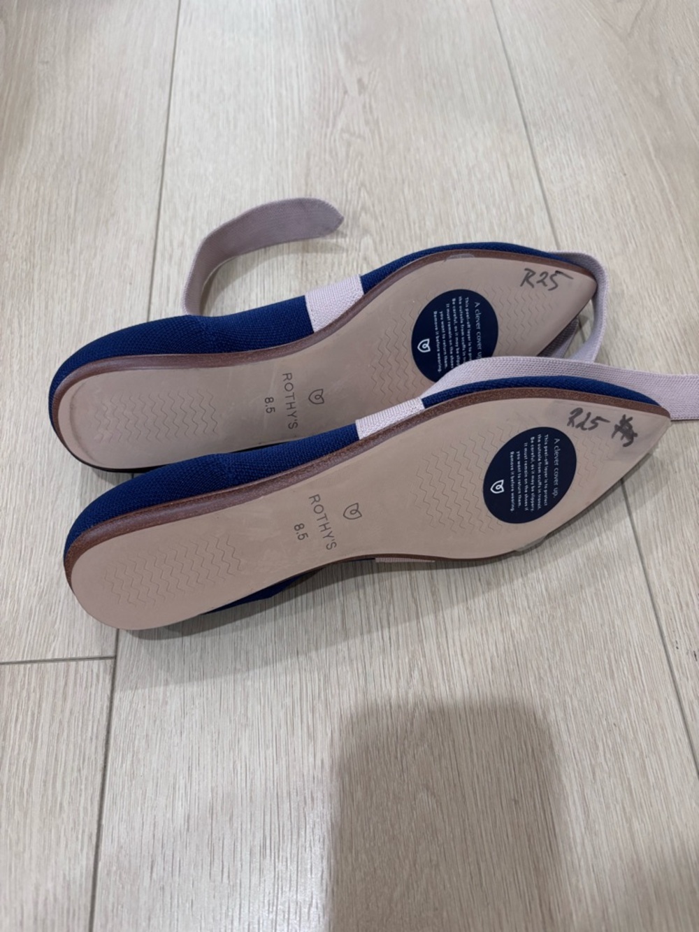 Rothy's Navy Pointed Knit Flats with Blush Tie Straps - Picture 3 of 4